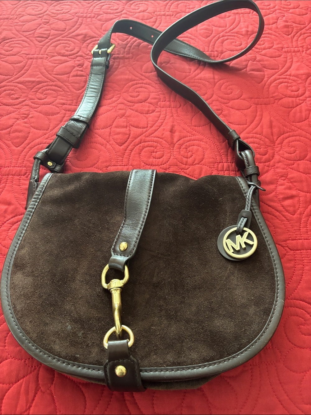 Michael Kors Dark Brown Suede Shoulder Bag with Gold Hardware